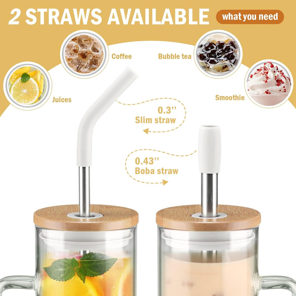 Kodrine Tumbler with Lid and Straw, 24 oz Glass Tumbler with Handle, Iced Coffee Cup Boba Smoothie Cup, Coffee Tumbler Water Tumbler Cups with Bamboo Lid Home Office Tumblers, White