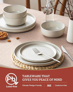 Famiware Milkyway Stoneware Dinnerware Sets with Mugs, Service for 6 (24 Pieces), Reactive Glaze Plates and Bowls Sets, Microwave and Dishwasher Safe Dishes Set, Matte Beige White