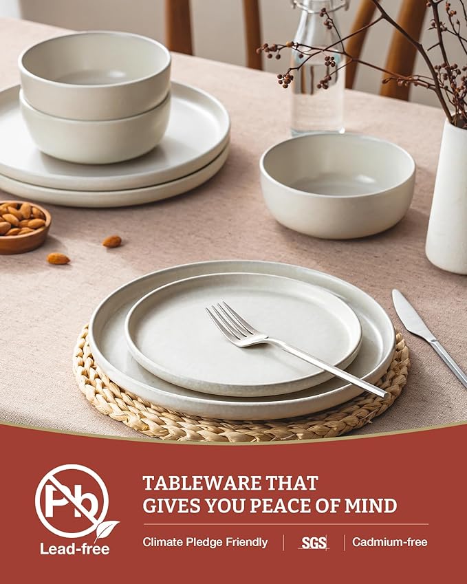 Famiware Milkyway Stoneware Dinnerware Sets with Mugs, Service for 6 (24 Pieces), Reactive Glaze Plates and Bowls Sets, Microwave and Dishwasher Safe Dishes Set, Matte Beige White