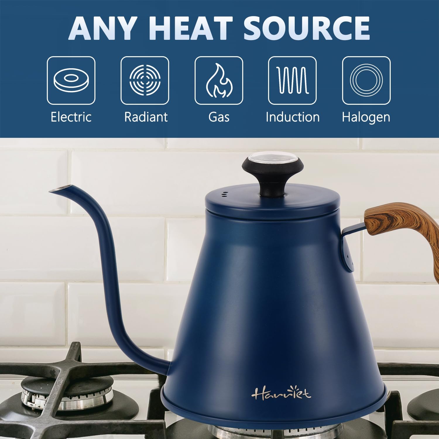 Harriet Gooseneck Kettle with Thermometer for Pour Over Coffee and Tea, 37 fl oz, Stainless Steel, Durable 3-Layer Base, Ideal Spout for Precision Pouring, Compatible with all Stove Tops, Blue