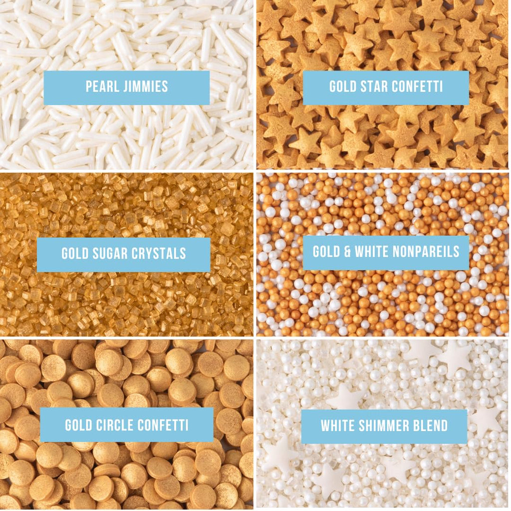 Sweets Indeed Sprinkles 6 Cell Edible Sprinkle Mix Jimmies Perfect for Cake Decorations Baking Ice Cream Cookies Cupcake Topper (Gold)