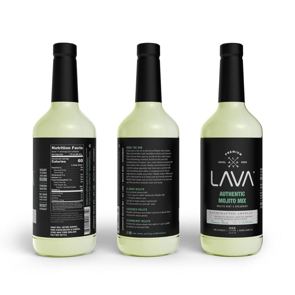 LAVA Premium Authentic Mojito Mix, Made with Real Lime Juice, Mojito Mint, Spearmint, Demerara, Cane Sugar, Refreshing Rum Mojito Mixer. Ready to Use. 1-Liter (33.8oz) Glass Bottle