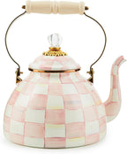 MACKENZIE-CHILDS Enamel Tea Kettle, Stylish Tea Kettle for Stovetop, Pink-and-White Rosy Check, 3 Quarts
