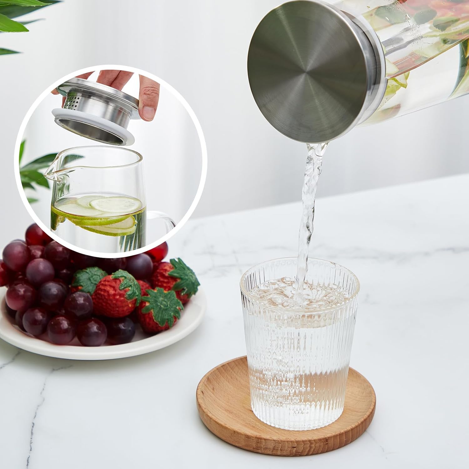 Hsei 2 Sets Glass Pitcher with Lid, 50 oz / 1500 ml Water Carafe with Handles Hot Cold Beverage Water Jar Glass Jug for Tea Juice Milk Coffee Iced Beverage