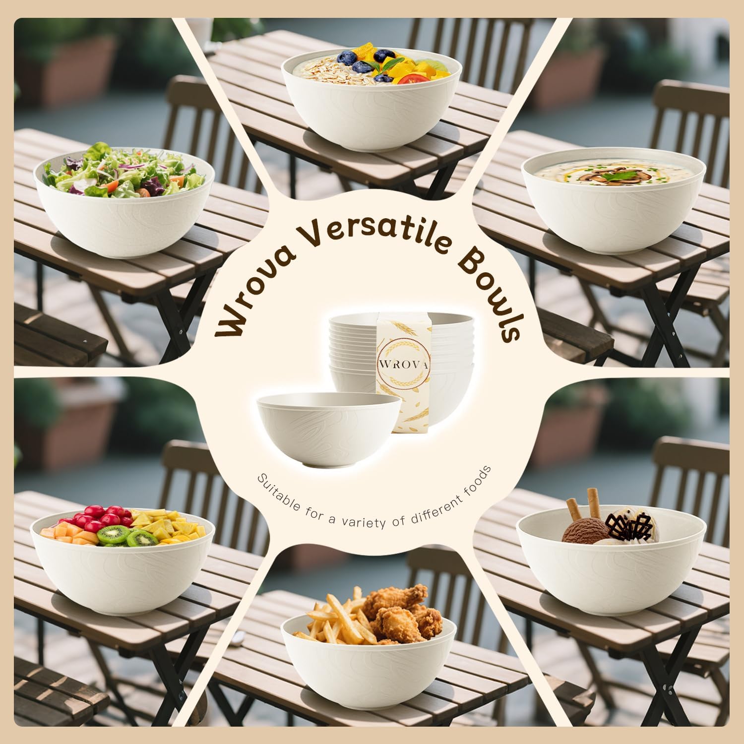 Beige Wheat Straw Bowls for Cereal and Salad,Alternative Plastic Bowls Set of 6,40oz Unbreakable Soup Bowls suitable for Kitchen,Party,Camping and R.V.