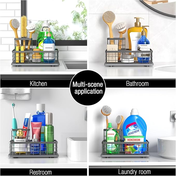 Large Family-Sized Sponge Holder for Kitchen Sink with Brush Holder - Drain-Free Non-Slip Base, 2.6mm Stainless Steel with Grey Rust-Resistant Coating-10.24"L x 6.5"W x 5.83"H Sink Organizer