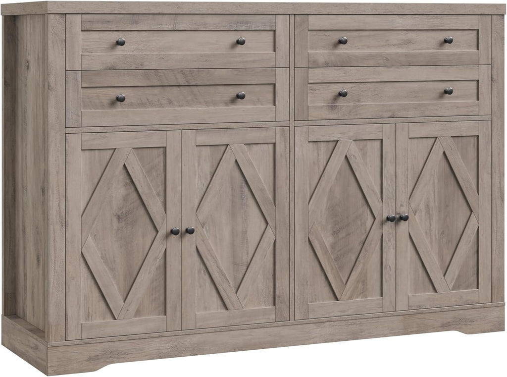 HOSTACK 55" Coffee Bar with 4 Large Drawers, 40" Tall Buffet Cabinet with Storage, Kitchen Storage Cabinet, Modern Farmhouse Sideboard Buffet, Adjustable Shelves for Living Room, Ash Grey