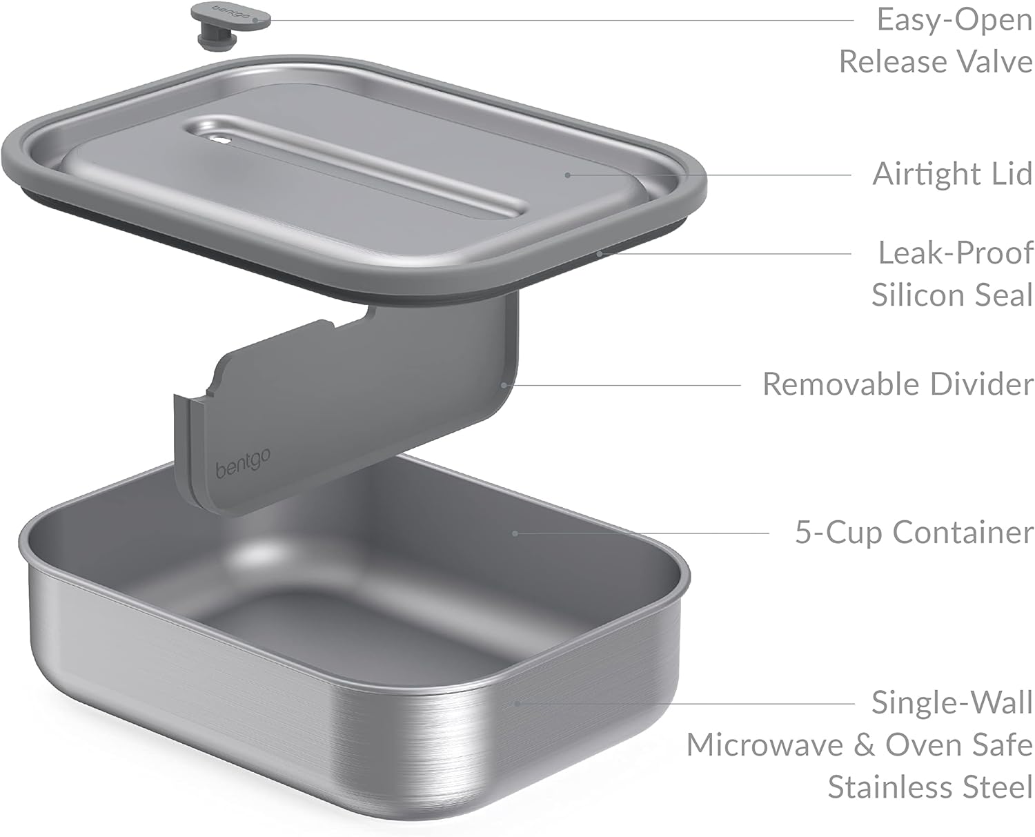 Bentgo MicroSteel Leak-Proof Lunch Box - Microwave-Safe, Oven-Safe, Bento-Style Container with Removable Divider, Airtight Lid, Sustainable Design, Odor & Stain Resistant (Stainless Steel)