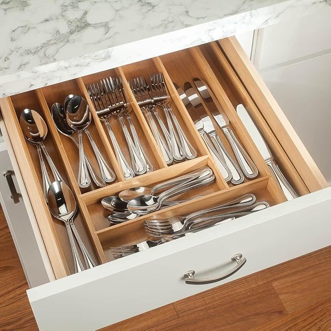 Realm Bamboo Deep Expandable Silverware Organizer | Neatly Stow Cutlery and Utensils in this 6 to 8 Compartment Flatware Tray | Designed For Better Kitchen Drawer Organization | Natural Color Holder