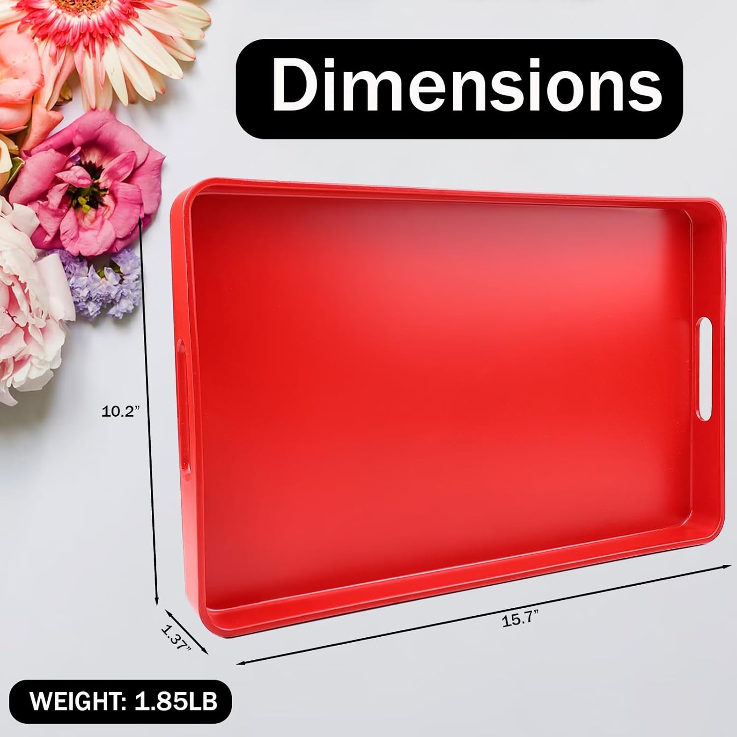 Red Decorative Serving Tray with Handles, Plastic Coffee Table Tray for Outdoor Patio, Living Room, Ottoman, Bathroom Counter, 10.2”*15.7”*1.4”