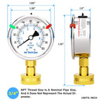 MEANLIN MEASURE 0~100Psi Stainless Steel Frame 3/4" Female 2.5" FACE DIAL Liquid Filled Pressure Gauge WOG Water Oil Air Water Pressure Test Table with Sealing Ring (with 2PCS Snaps)