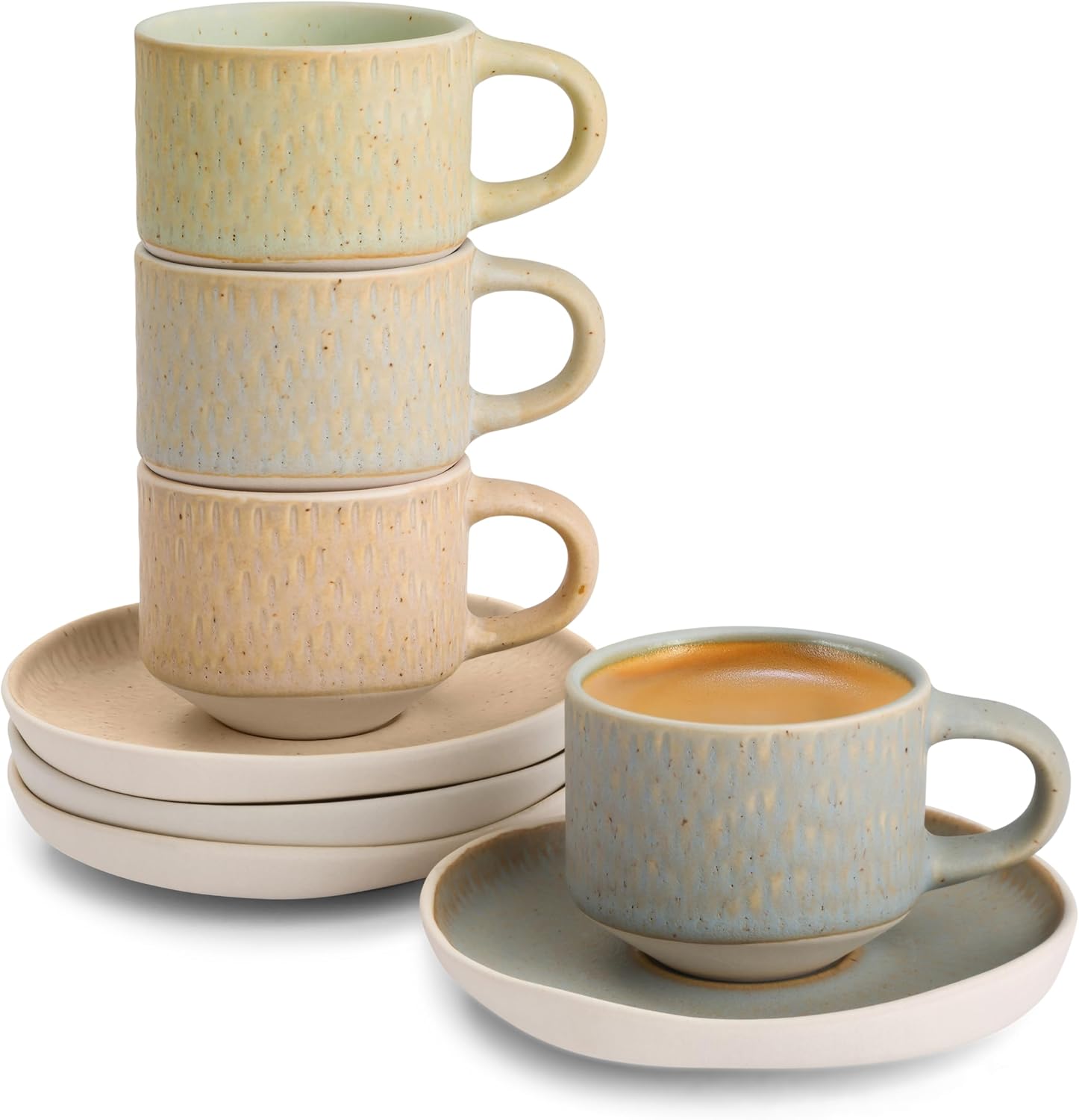 KooK Espresso Mug and Saucer Set, Ceramic Cups and Plates with Rustic Organic Shape and Feathered Texture, Dishwasher and Microwave Safe, 2.7 oz, Set of 4, Neutral Multicolor