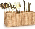 Ayiaren Wicker Flatware Silverware Caddy Cutlery Holder Kitchen Silverware Organizer Storage for Countertop Small Utensil Holders Party Table Spoon Knives Fork Holder Flatware Utensils Caddy Basket