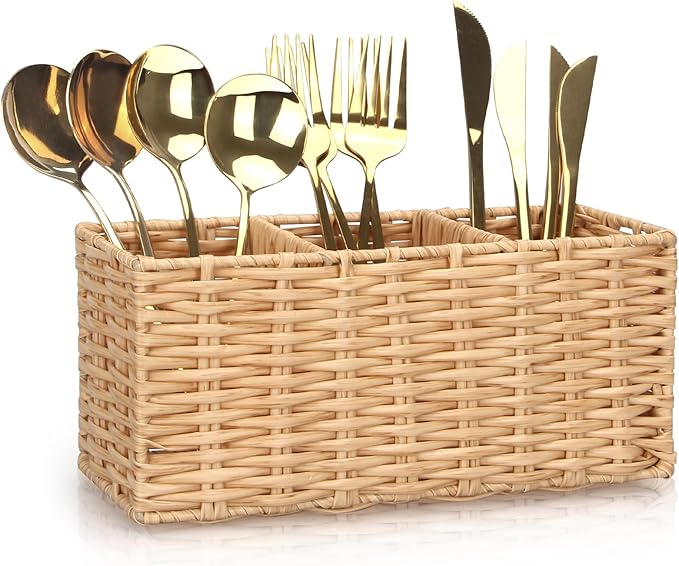 Ayiaren Wicker Flatware Silverware Caddy Cutlery Holder Kitchen Silverware Organizer Storage for Countertop Small Utensil Holders Party Table Spoon Knives Fork Holder Flatware Utensils Caddy Basket