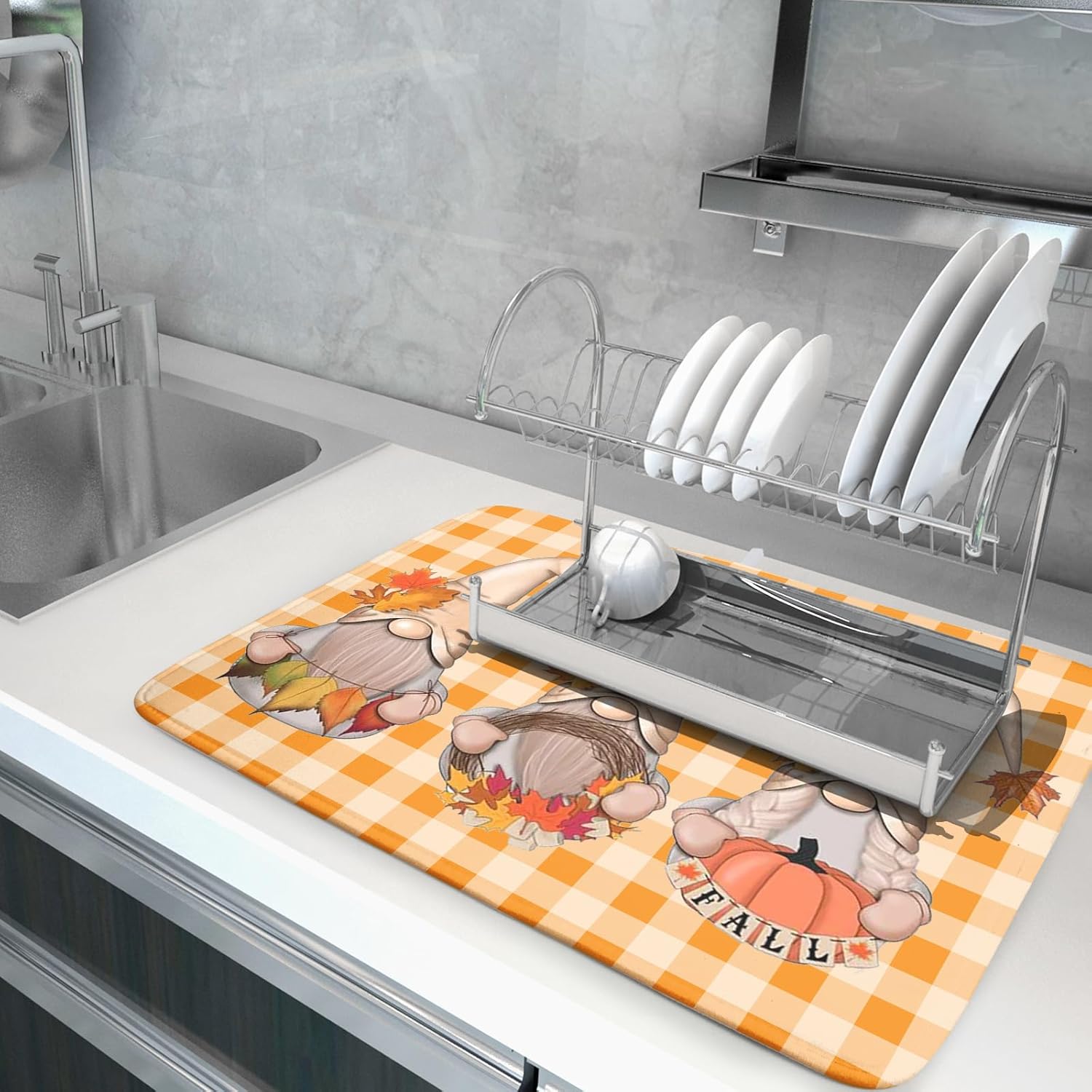 Fall Gnome Dish Drying Mat for Kitchen Autumn Pumpkin Maple Leaves Dishes Pad Orange White Check Plaids Dish Drainer Rack Mats Absorbent Fast Dry Counter Accessories 18x24inch Thanksgiving Day Decor