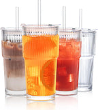 INSETLAN 20 oz Ribbed Glass Tumblers with Lids and Glass Straws – 4-Piece Glassware Set, Thickened Glass, Ideal for Iced Coffee, Smoothies, Cocktails, and Juices – Elegant and Durable Drinkware