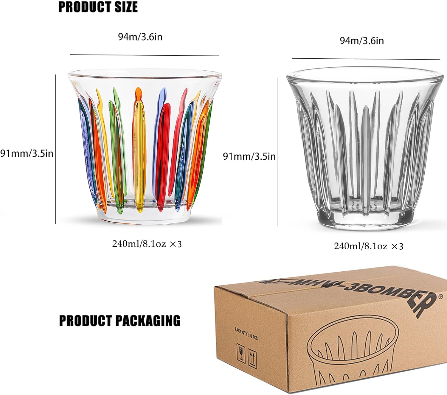 MHW-3BOMBER Espresso Coffee Glasses Set of 6 Drinking Glasses 8.1OZ Latte Glasses for Beverage, Water, Whiskey, Juice, Cocktail, Beer G6195-0S