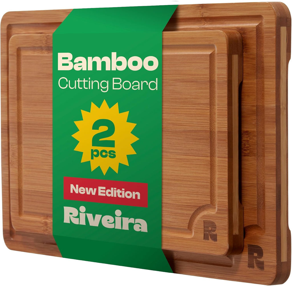 Riveira Brown Bamboo Wood Cutting Board – Versatile And Durable: Set Of 2 Pcs Rectangular Wooden Cutting Board – Natural Wooden Cutting Boards For Kitchen Set – Complete Bamboo Wooden Chopping Board