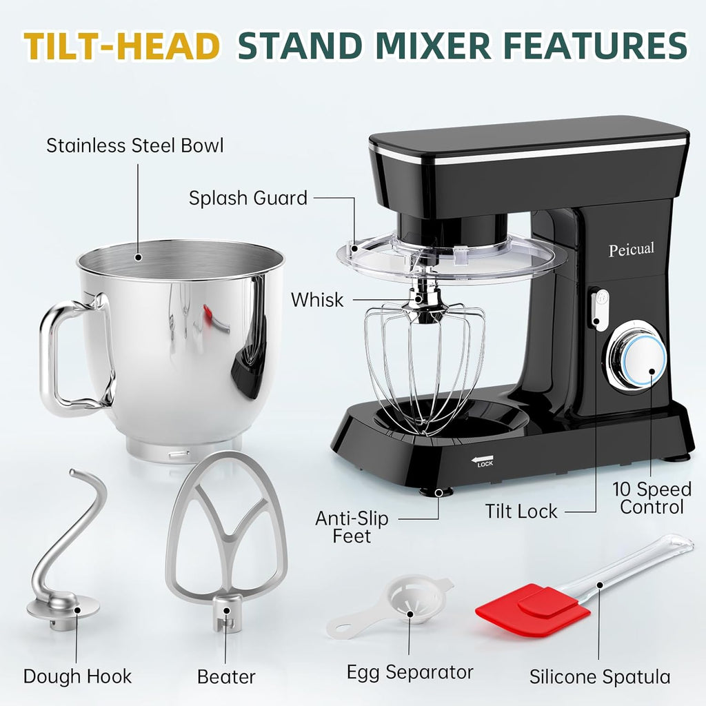 Stand Mixer, 6QT 10+P Speed Tilt-Head Kitchen Electric Mixer, Food Mixer with Stainless Steel Bowl, Dough Hook, Flat Beater, Wire Whisk, Splash Guard for Daily Use - Black