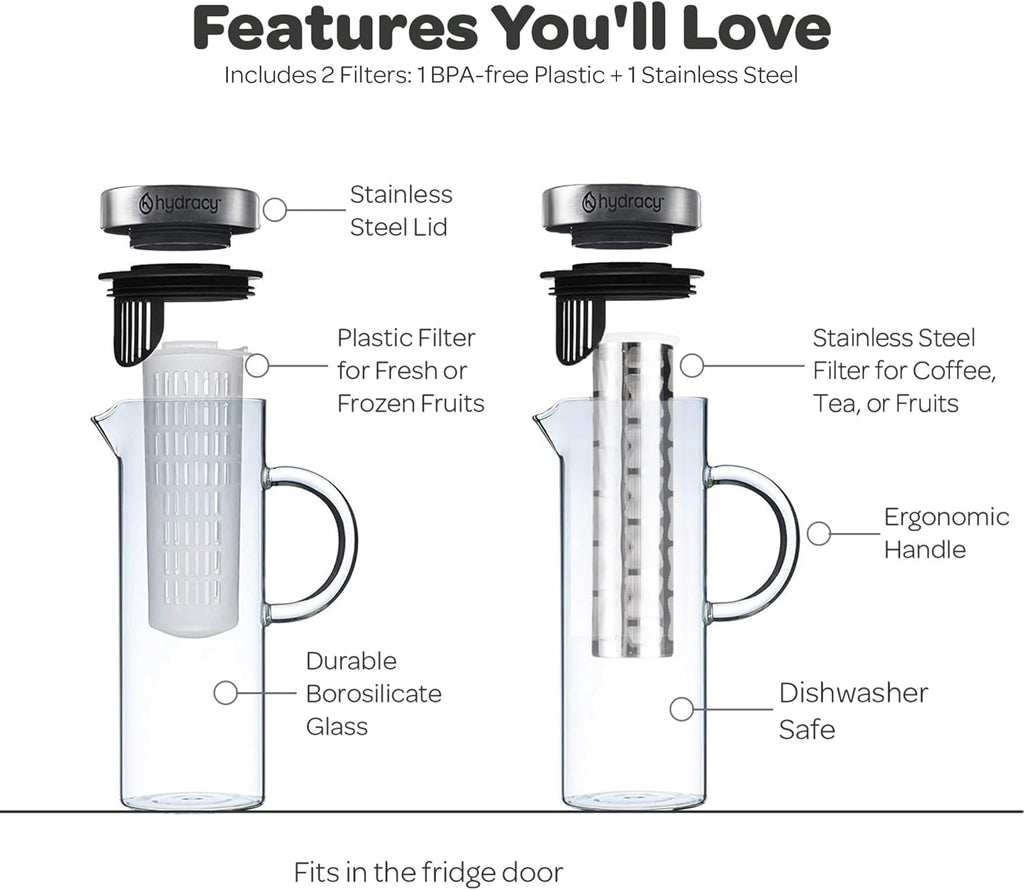 Cold Brew Coffee Maker - Large Glass Infusion Pitcher 1.6 Quarts 52oz - Iced Coffee & Iced Tea Pitcher with Stainless Steel Lid & Fruit Infusion Tube - Perfect for Home or Office