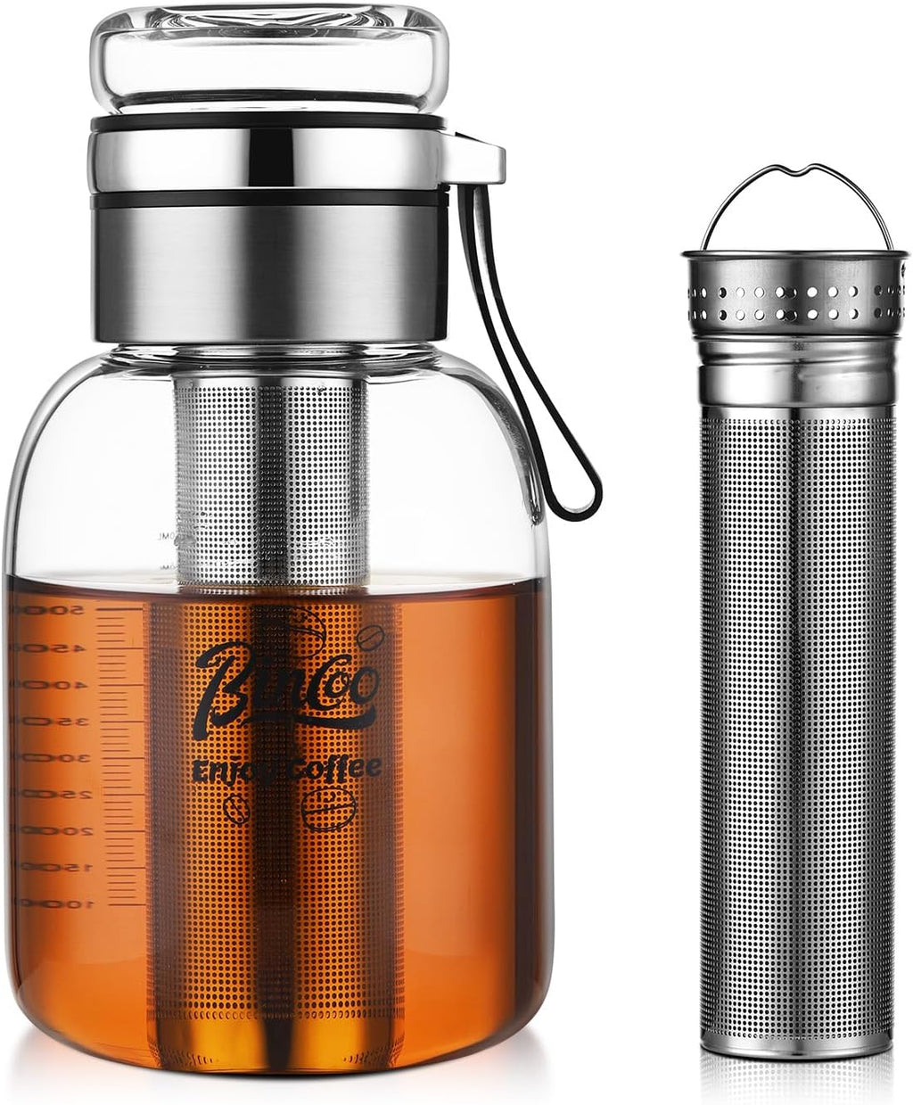Glass Cold Brew Coffee Maker with Extended Fine Mesh Filter, Tea Infuser Bottle Iced Coffee Maker with Thick Borosilicate Glas