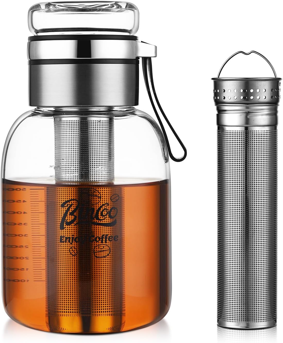 Glass Cold Brew Coffee Maker with Extended Fine Mesh Filter, Tea Infuser Bottle Iced Coffee Maker with Thick Borosilicate Glas