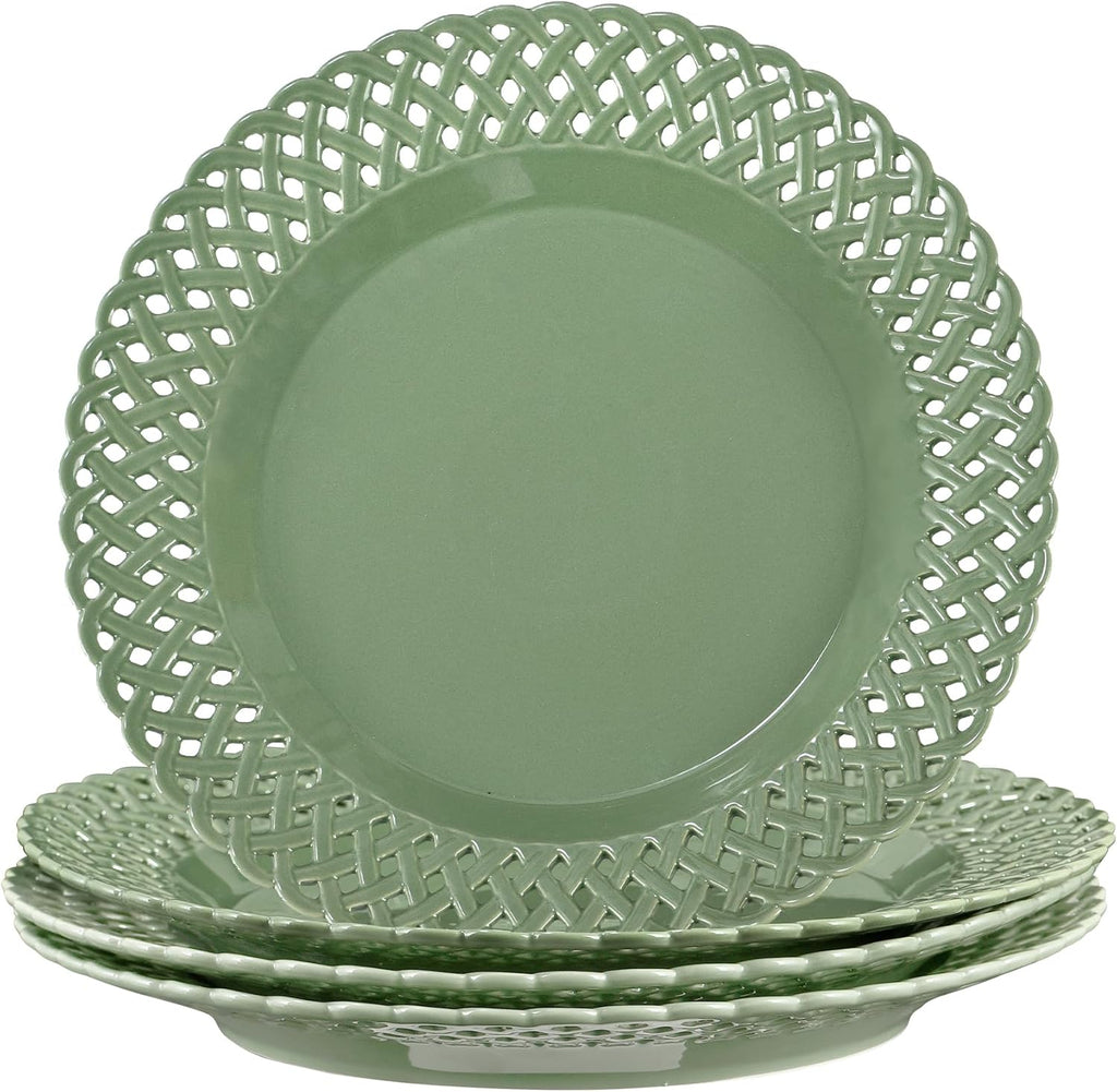 Graceful Basketweave Wide Rim 12 inch Dinner Plates, Extra Large Round Platter Scallop Serving Tray Set of 4, for Restaurant, Kitchen, Party, Home, Wedding, Gift, Microwave Dishwasher Safe, Sage Green