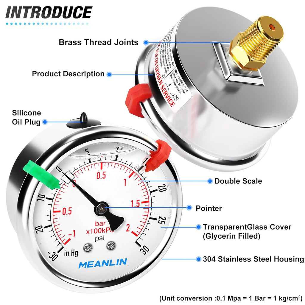 MEANLIN MEASURE -30inHG~30Psi Vacuum Pressure Gauge 1/4" NPT 2.5" FACE DIAL, Stainless Steel Liquid Filled Pressure Gauge WOG Water Oil Air Center Back Mount (with 2PCS Snaps)