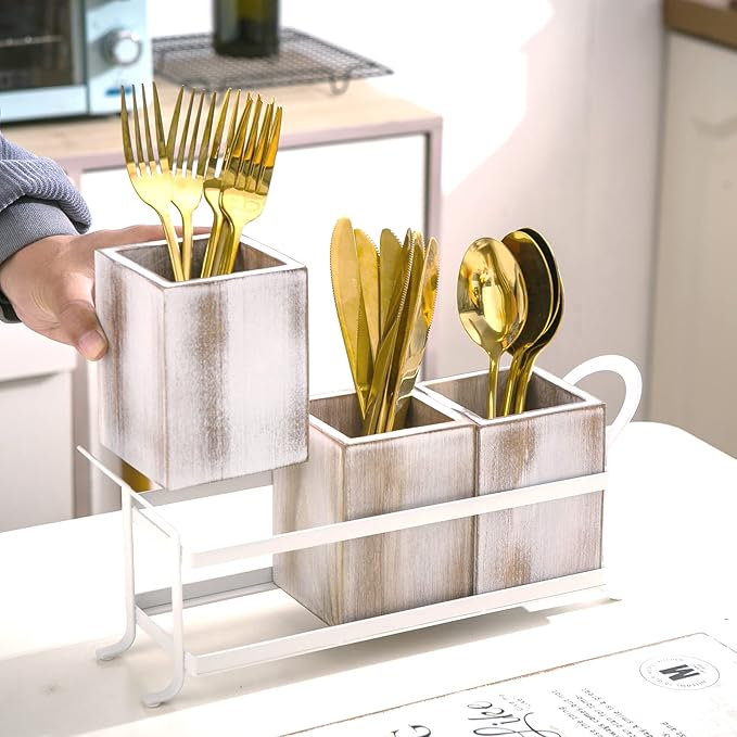 Silverware Caddy Utensil Organizer for Countertop, Flatware Caddy with Metal Rack, Wooden Utensil Cutlery Holder with 3 Compartment for Kitchen Decor and Party -White