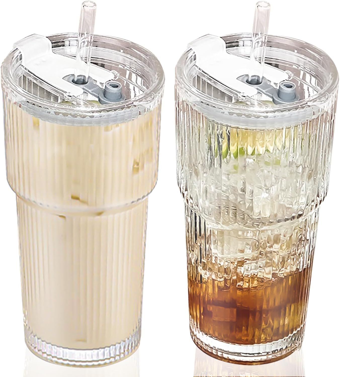 20 oz Glass Tumbler with Lid and Straw, 2 Pack Clear Ribbed Iced Coffee Cup, High Borosilicate Glass Tumbler, Reusable Vintage Glassware for Iced Coffee, Smoothies, Cocktails, and Juices