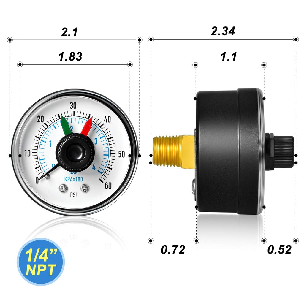 MEANLIN MEASURE 0-60Psi 1/4" NPT Pressure Gauge Box with dial for selecting Filter, 3-2-3% Accuracy, Center Back Mount, with 1/2" NPT and 3/8" NPT Hex Bushing