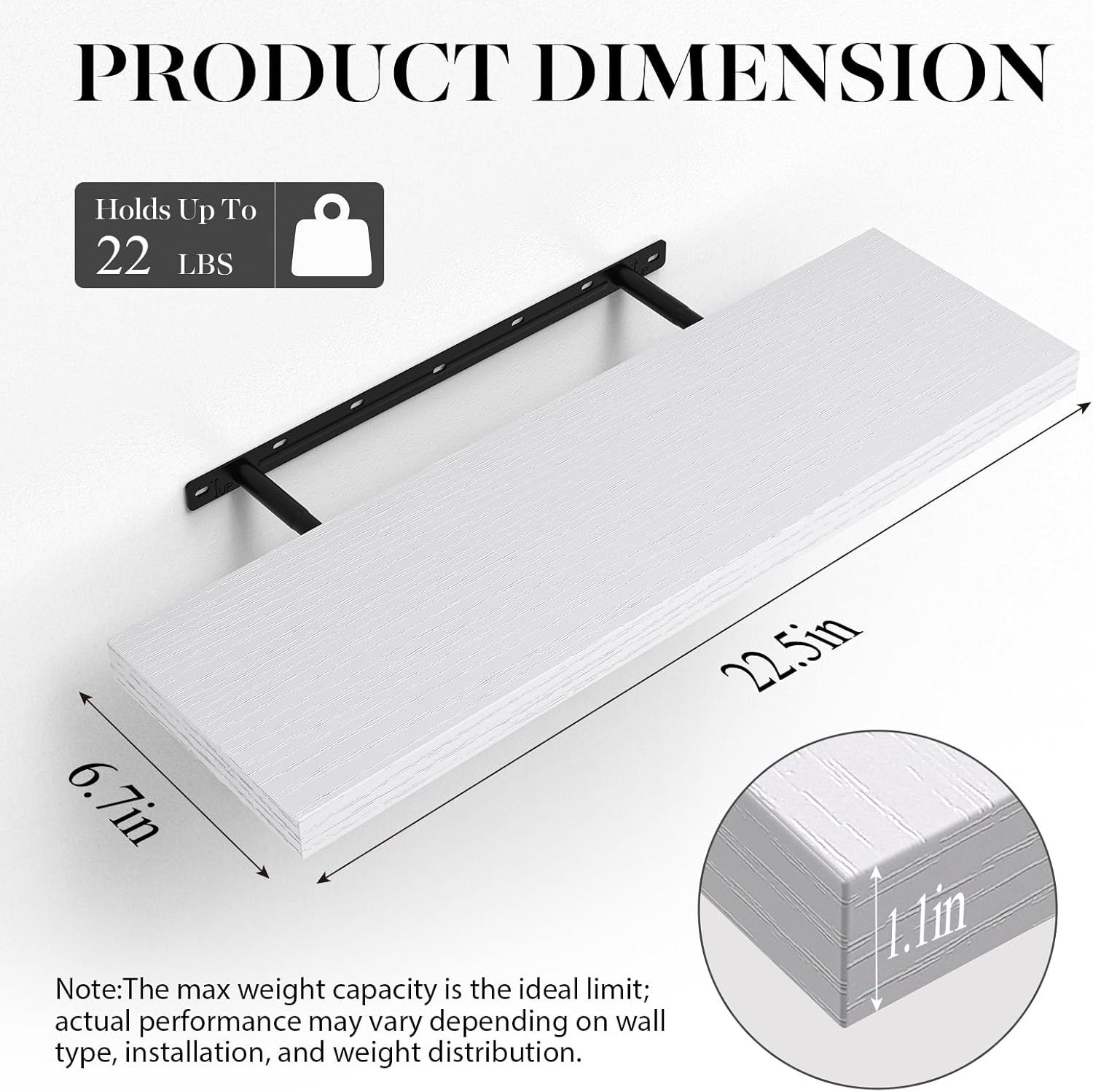 BAYKA Floating Shelves, 22.5" Rustic Wood Wall Mounted Shelves for Bathroom, Bedroom, Living Room, Kitchen & Office, Hanging Display Shelf with 22 lbs Capacity (White)