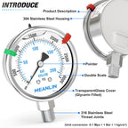 MEANLIN MEASURE 0~3000Psi Stainless Steel Liquid Filled Pressure Gauge 2.5" FACE DIAL 1/4" NPT for WOG Water Oil Air Lower Mount with Stainless Steel Hex Bushing and Snaps