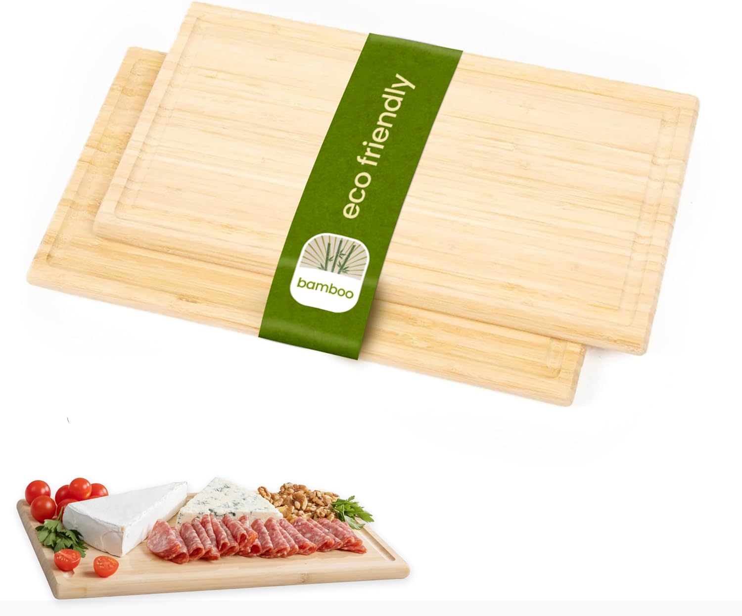 DECOMIL-Bamboo Wood Cutting Board Set of 2, Wood Serving Board, 15.25 x 8.25 Inch Chopping Boards for Charcuterie, Vegetables, Meat, for DIY projects