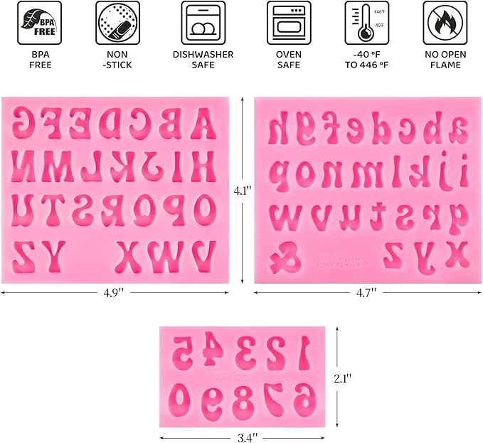 4 PCS Silicone Letter Molds, Non-Stick Fondant Chocolate Molds 0-9 Numbers 26 Letters Candy Molds for Baking Dessert and Cake Decoration