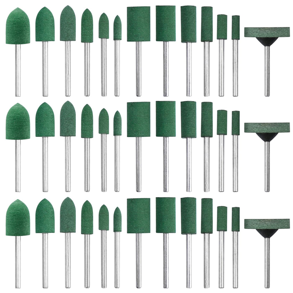 Mesee 39Pcs Rubber Polishing Bit Set, Assorted Grinding Head Buffing Wheel 13 Sizes Buffer Abrasive Bits 3mm Mandrel Bullet Cylinder Disc Shaped Polishing Burrs Bit Kit for Rotary Tools - Green