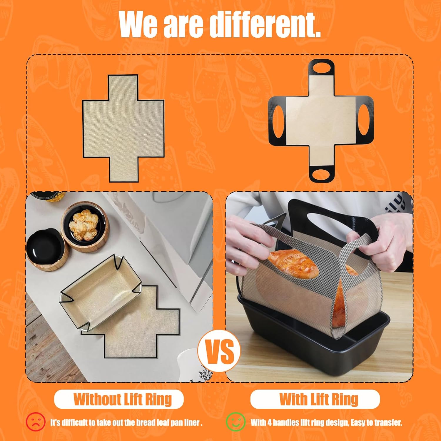 Reusable Silicone Bread Loaf Pan Liner, Food-Grade Silicone Bread Sling, Sourdough Bread Mat, Loaf Pan Lifters, Non-Stick&Easy Clean Dough Transfer Tool, Fits 9x5 or 1.5lb Loaf Pans, Black & Orange