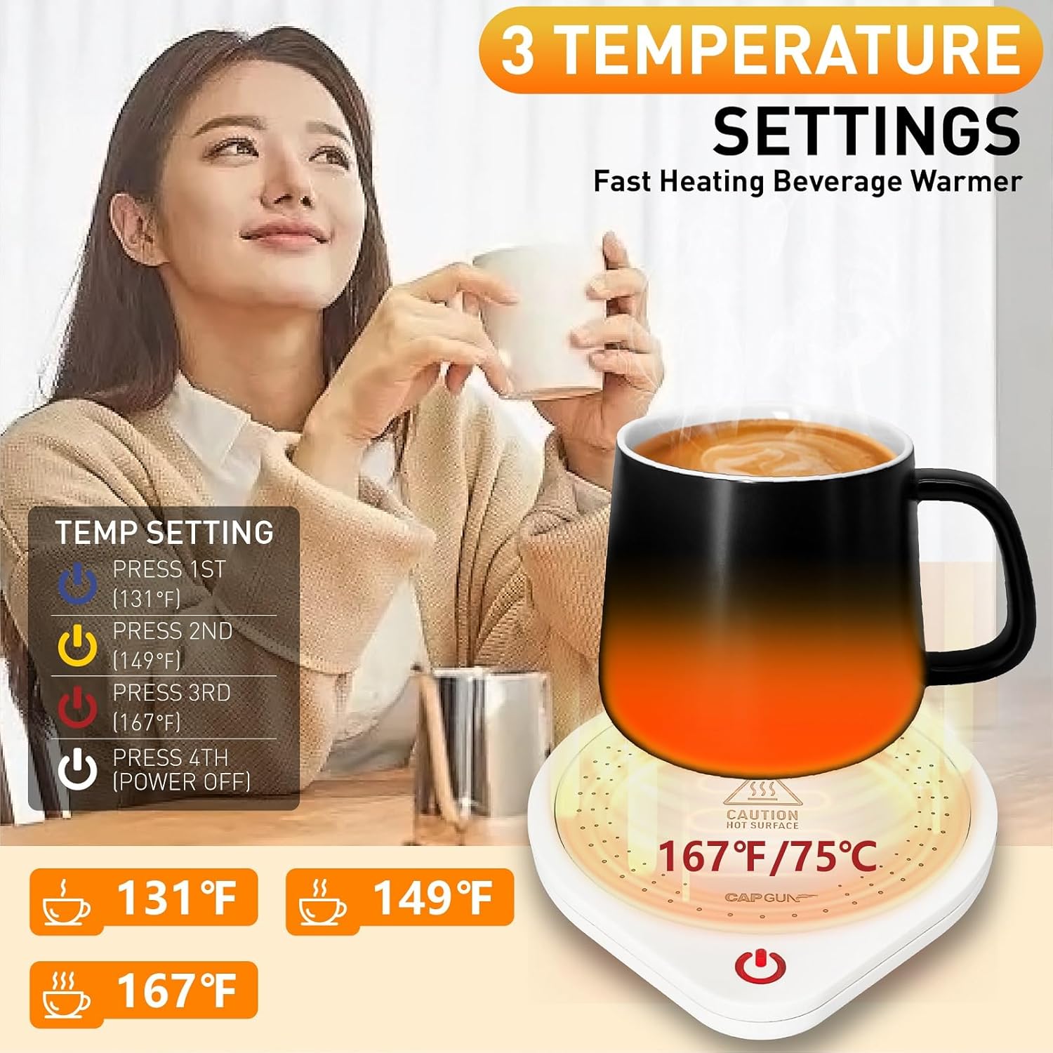Electric Coffee Mug Warmers for Desk, 75℃ Precision Heating & Auto Shut Off, Spill-Proof Cup Warmer for Coffee/Tea/Milk/Hot Chocolate (White)