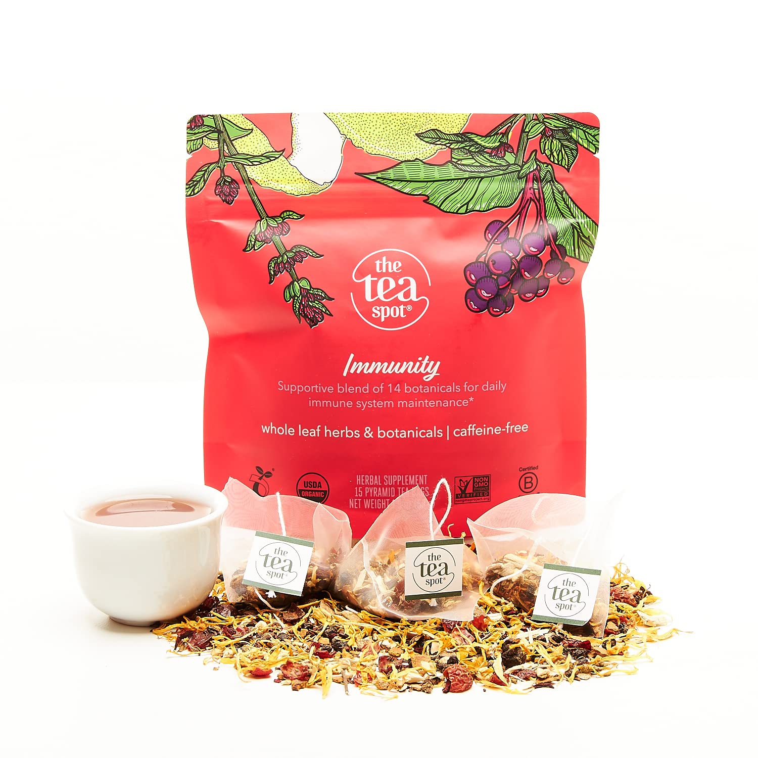 The Tea Spot Organic Immunity Tea with Natural Vitamin C for Immune Support|Blend of Adaptogens, Elderberry, Orange Peel, Ginger, Basil, Lemon Peel & Valerian Root | Caffeine-Free 15 Tea Bags