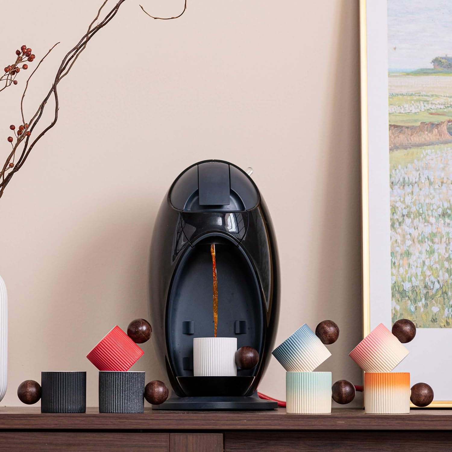 Ceramic Mini Espresso Cups Demitasse Cups with Round Wooden Handle Vertical Stripes Tea Cups (Multicolor-B, 4pcs)