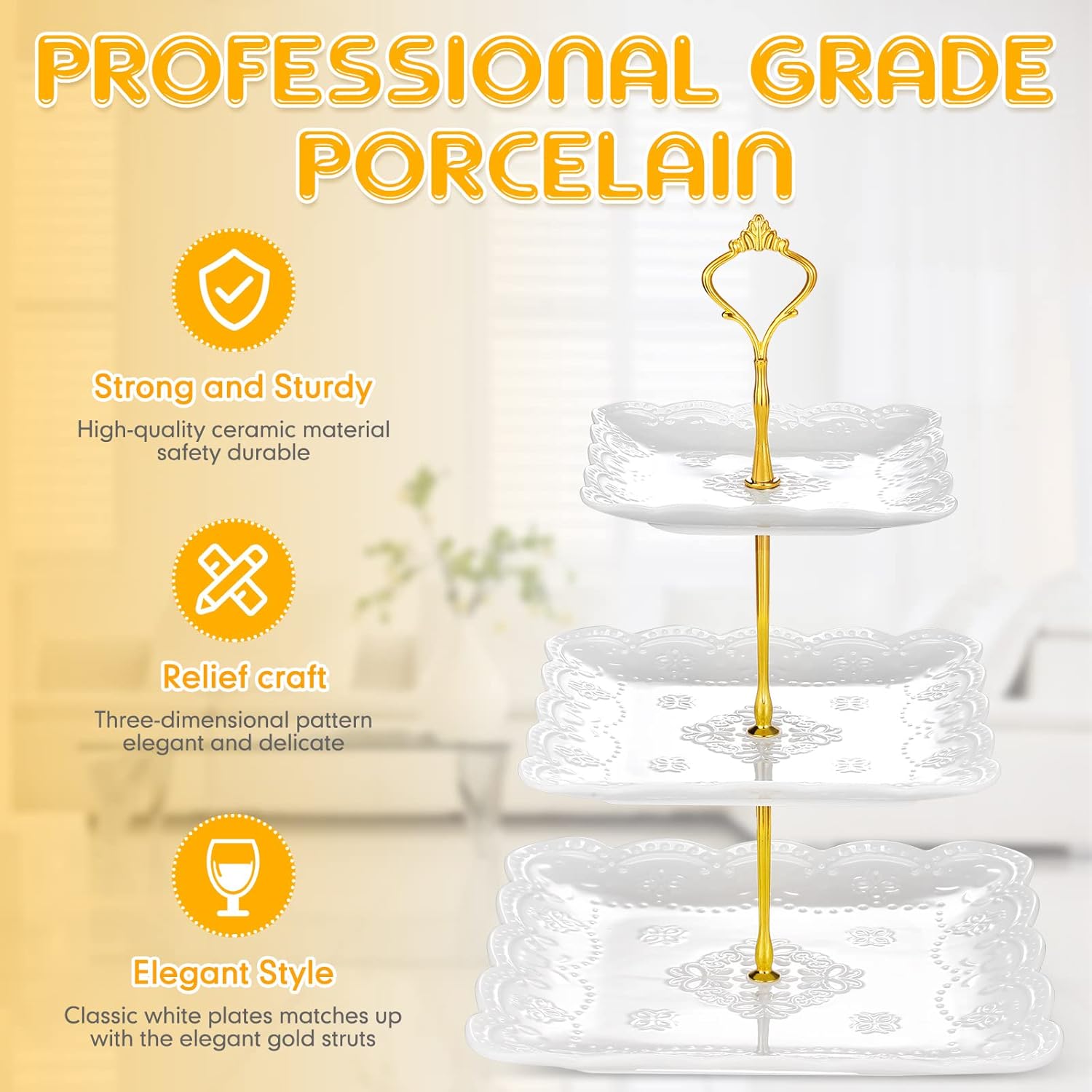 Tatuo 2 Pcs 3 Tier Porcelain Cupcake Stand, Cup Cake Holder Tower, Pastry Serving Elegant Dessert White Ceramic Tiered Stand for Wedding, Birthday, Tea Party(Lace Square Shape)