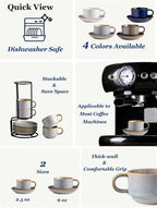 Gomakren 2.5 Ounce Espresso Cups Set of 4, Small Stackable Coffee Cups with Saucers and Metal Stand, Porcelain Demitasse Cups for Specialty Coffee Drinks, Espresso, Cappuccino, Latte, Tea, Gray