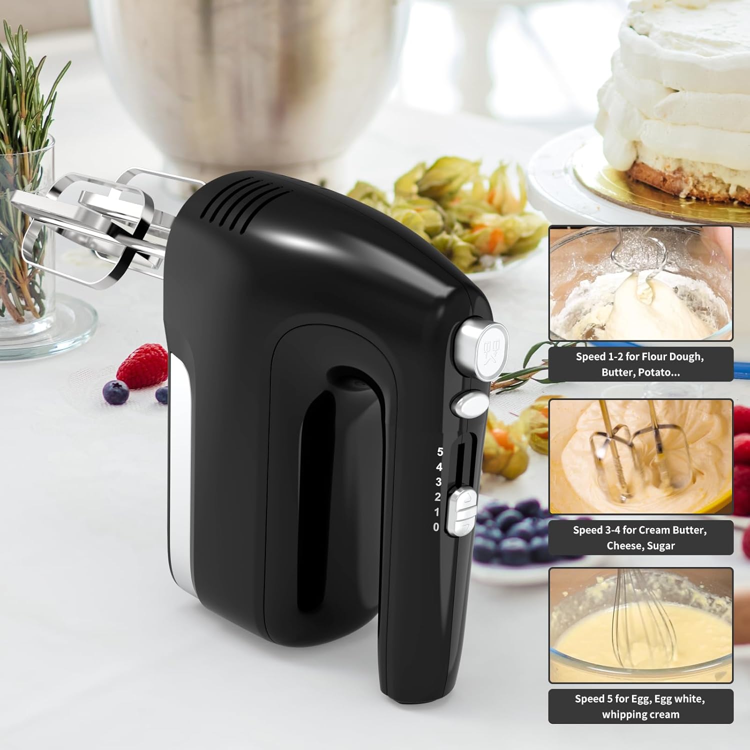 CBQ Hand Mixer Electric, 5-Speed 400W Powerful Motor, Hand Mixer Electric Handheld with Storage Case, Turbo Boost and 5x Accessories, Flat Beaters, Dough Hooks, Whisk (Black)