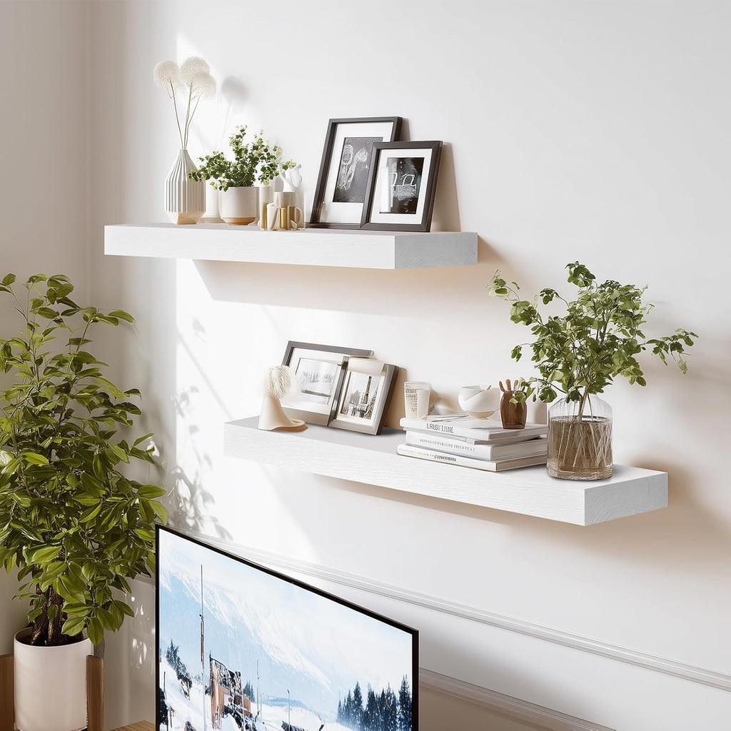 24x8x1.6 inch Floating Shelves Set of 2 – Solid Wood Rustic White Wall Mounted Shelf for Kitchen, Bathroom, Living Room