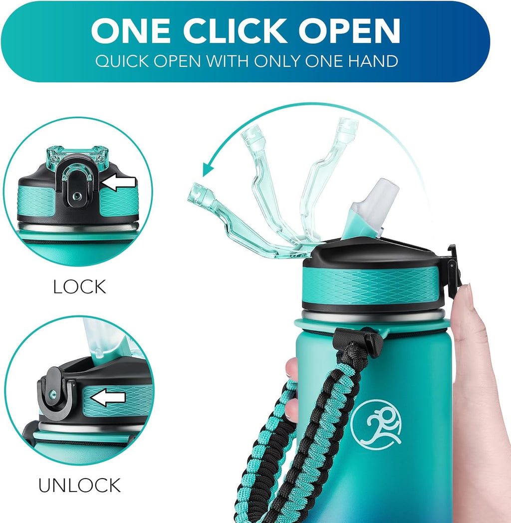 GOSWAG Insulated Sports Water Bottle, 24oz 2 Lids(with Straw/No Straw), Stainless Steel Water Bottles with Paracord Handle, Insulated Bottle with Double-Wall Vacuum Insulation