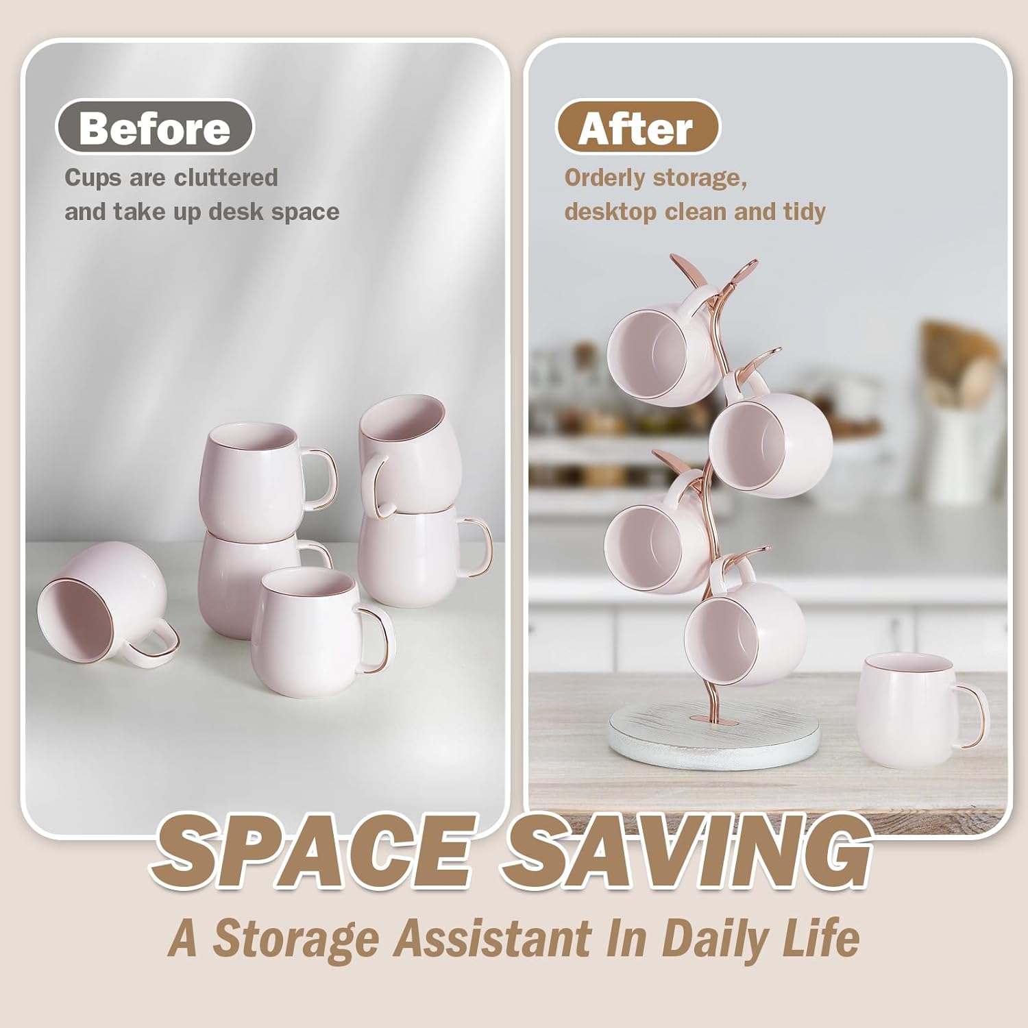 Mug Holder, Countertop Mug Tree, Coffee Mugs & Tea Cup Storage Rack, Coffee Counter Bar Accessory & Kitchen Organizer