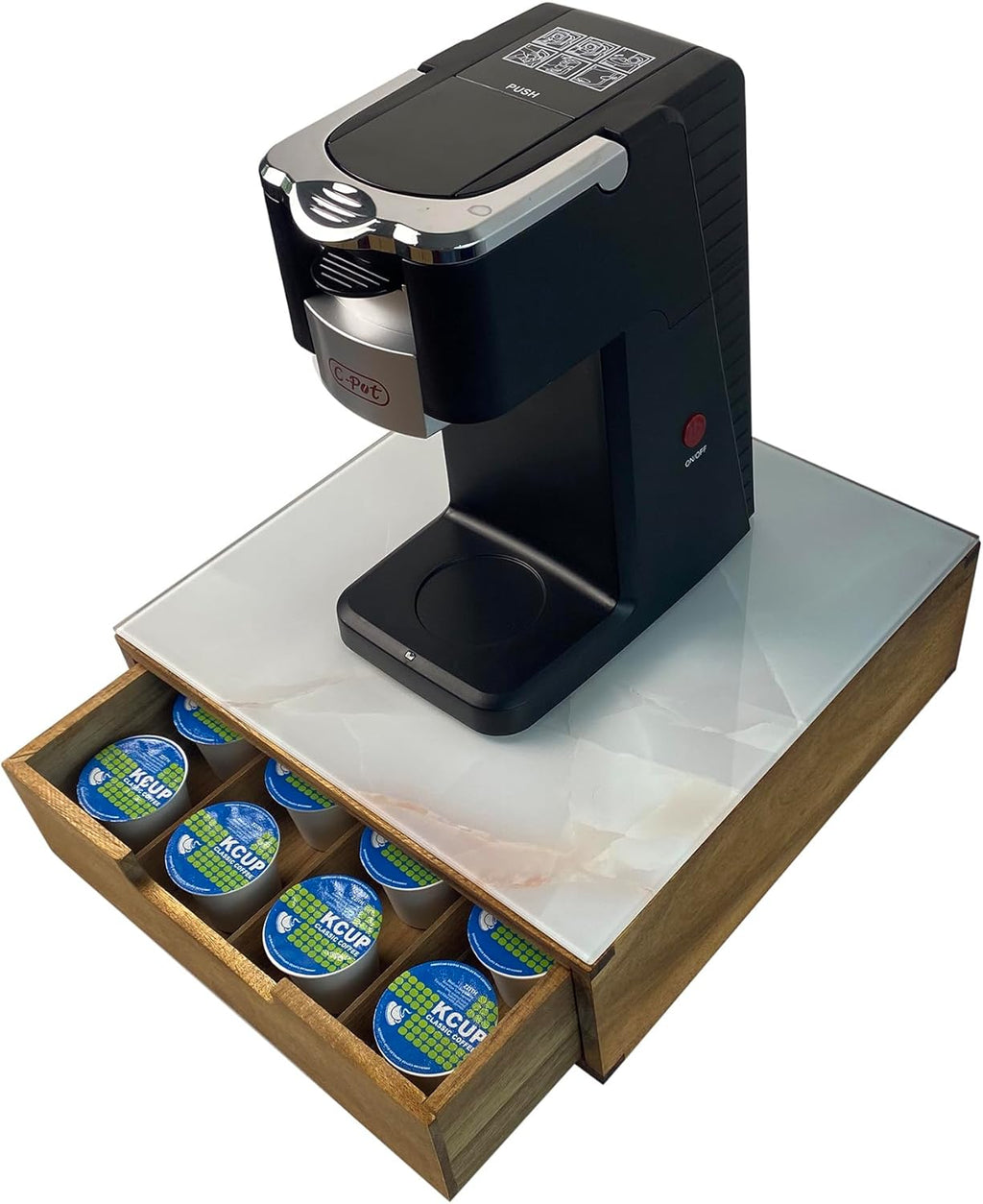 Tempered Glass and Natural Wood Coffee Pod Drawer Organizer - 20 Capsule Multifunctional K Cup Storage | Countertop Coffee Station Organizer for Home/Office (White)