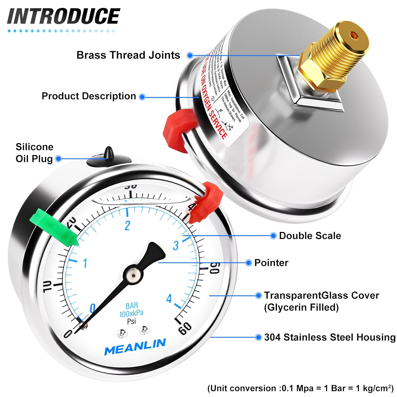 MEANLIN MEASURE 0~60Psi Liquid Filled Pressure Gauge 1/4" NPT 2.5" FACE DIAL Stainless Steel Glycerin Filled WOG Water Oil Air Back Mount (with 2PCS Snaps)