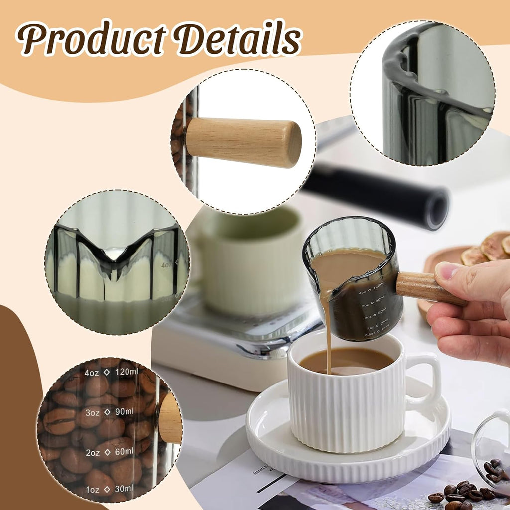 Espresso Cups Set of 2, 4 OZ Espresso Shot Glass with Handle V-Shaped Mouth, Ribbed Milk Frothing Pitcher, Glass Measuring Cup,Cappuccino Cup, Coffee Bar Accessories (Gray)