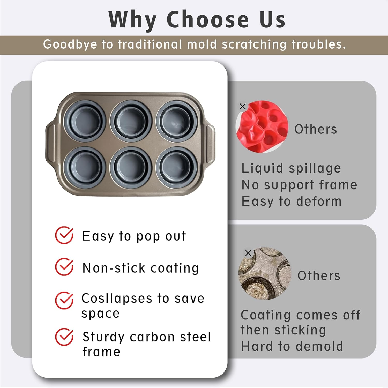 Silicone Muffin Pan Set, 6 Cups Cupcake Pan, With Metal Frame Nonstick Press to Easily Pop Out for Baking Homemade Muffins,Breads, Cupcakes, Egg Bites, BPA-Free Silicone (Grey, 6Cups)